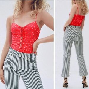 Zara Womens Satin Star Print Red White Stars Lace Up Snap Bottom Bodysuit Size M